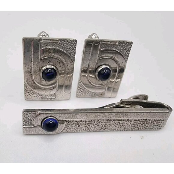 Speidel Cuff Llinks Cufflinks Tie Clip Bar‎ Silver Tone Blue Stone Set Made USA - Picture 1 of 5